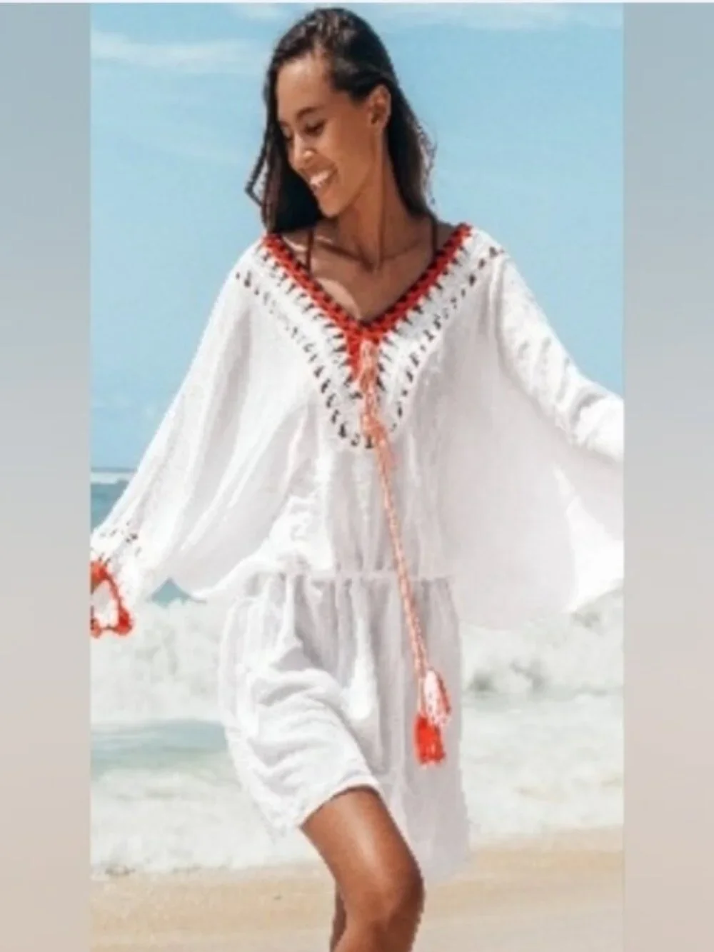 Cupshe Cotton Blend White Tunic Red Trim Swim Coverup Size Small